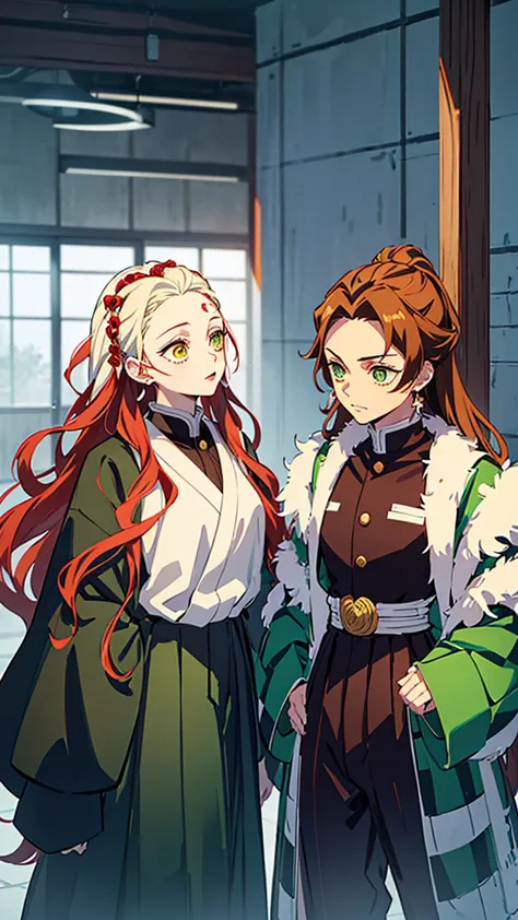 (best quality:1.3), (a woman:1.1), (green eyes:1.2), (brown long straight hair:1.4) (manga style:1.5) en el estilo de kimetsu no...