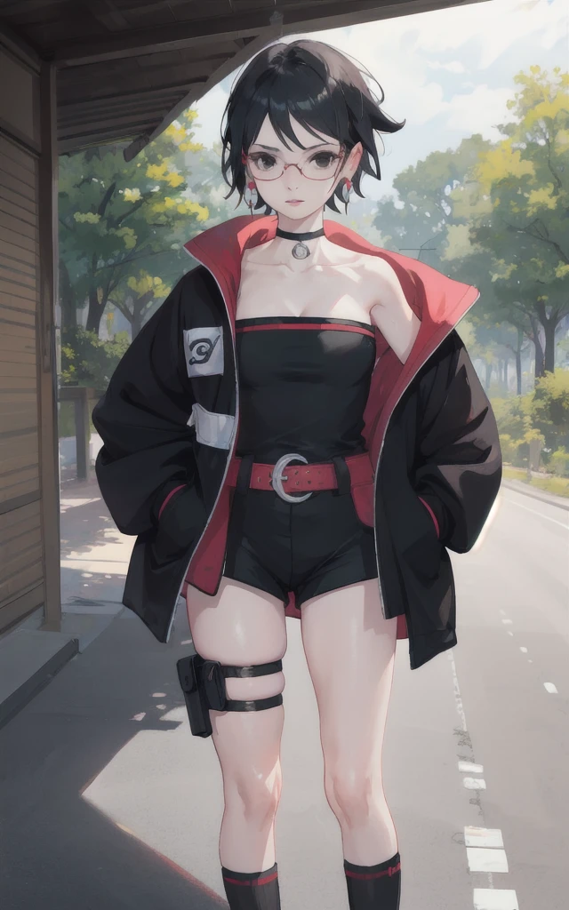 BARUTO_Timeskip_Uchiha_Sarada_ownwaifu, hand in pocket, 
1girl, glasses, round eyewear, black hair, black eyes, bangs, swept bangs, short hair, lips, medium breasts, thighs,
black choker, earrings, jewelry, strapless, off shoulder, collarbone, red belt, open jacket, black jacket, black shorts, black dress, black footwear, long sleeves, leg warmers, konohagakure symbol, thigh strap, thigh pouch, loose socks, 
((masterpiece)),((best quality)),(highres), bokeh, depth_of_field, scenery, spotlight, focused, looking at viewer, solo,