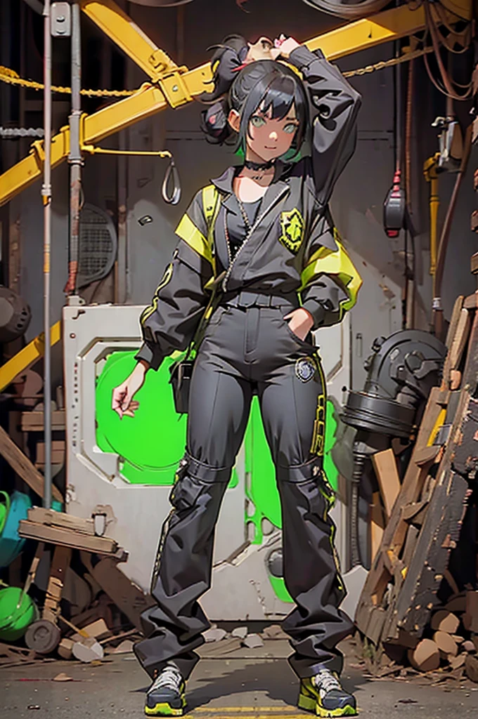 Black workwear jumpsuit、Costume with glowing yellow-green linesを着た女性, cyber punk, Hard Rock Metal, Mosh Pit, (Highest quality,4K,8K,High resolution,masterpiece:1.2),Live Stage、Costume with glowing yellow-green lines、Large sunglasses,Punkish hairstyle、Full body portrait、dynamic dancing
