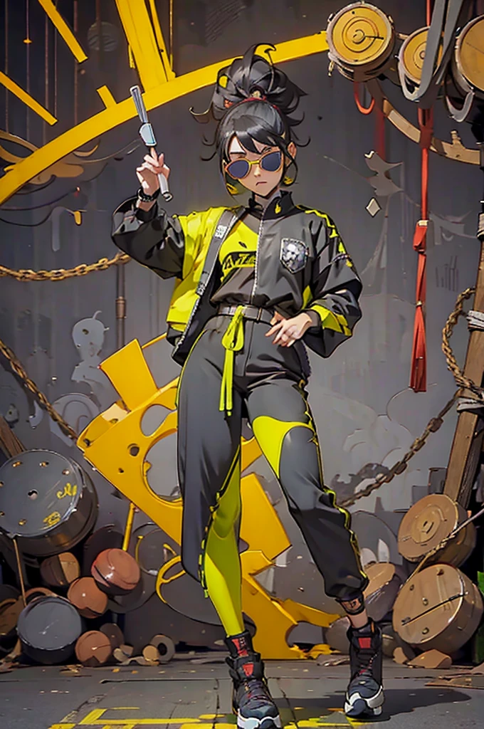 Black workwear jumpsuit、Costume with glowing yellow-green linesを着た女性, cyber punk, Hard Rock Metal, Mosh Pit, (Highest quality,4K,8K,High resolution,masterpiece:1.2),Live Stage、Costume with glowing yellow-green lines、Large sunglasses,Punkish hairstyle、Full body portrait、dynamic dancing
