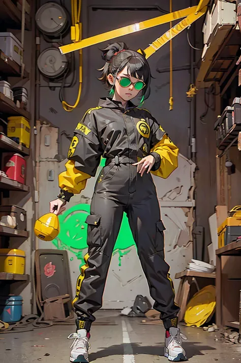 black workwear jumpsuit、costume with glowing yellow-green linesを着た女性, cyber punk, hard rock metal, mosh pit, (highest quality,4k...