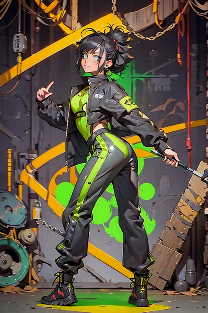 Black workwear jumpsuit、Costume with glowing yellow-green linesを着た女性, cyber punk, Hard Rock Metal, Mosh Pit, (Highest quality,4K,8K,High resolution,masterpiece:1.2),Live Stage、Costume with glowing yellow-green lines、Large sunglasses,Punkish hairstyle、Full body portrait、dynamic dancing
