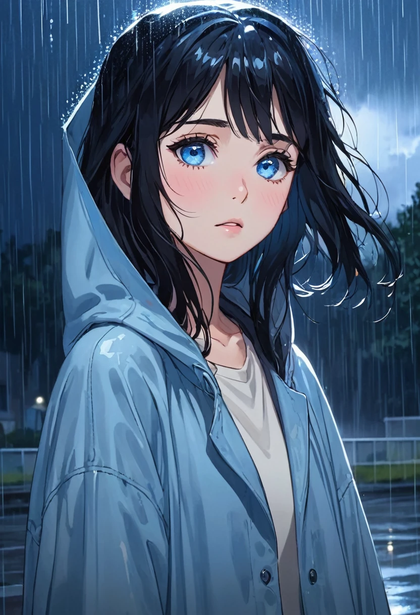 Girl, black hair, blue eyes, wearing a simple , under the rain, the girl turns her face to the sky sadly, under the night rain