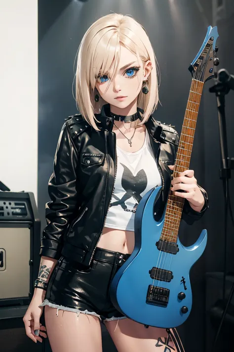 Realistic:1.2, Rocker girl in leather jacket,Slim figure、Normal bust size、 highly Realistic photograph, whole body、, １2 electric...