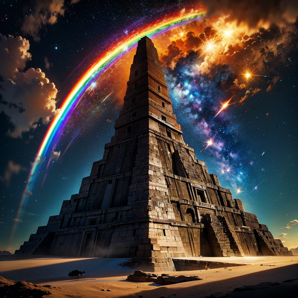 comandante del abuelo, con una escoba en la mano, Mayan calendar, Pirámide maya con un arco iris galáctico. alta definición