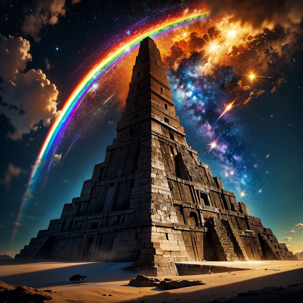 grand-père commandant, avec un balai à la main, calendrier maya, pyramide Maya avec un arc-en-ciel galactique. HD