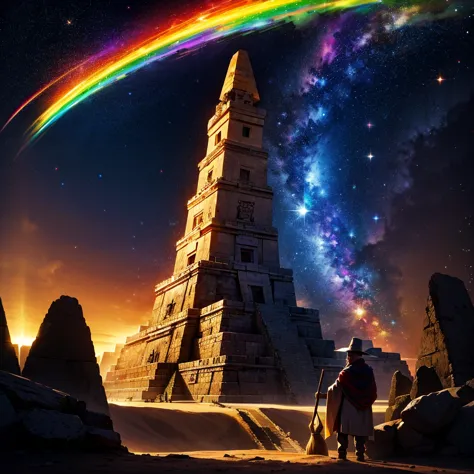 grand father commander, withba broom in the hand, Mayan calendar, Mayan pyramid with a galactic rainbow. HD