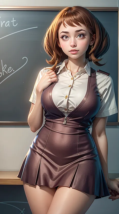 photo of ochako uraraka as a teacher, teacher, teacher clothes, mini dress, tall and sexy, superb face, perfect body, provocativ...