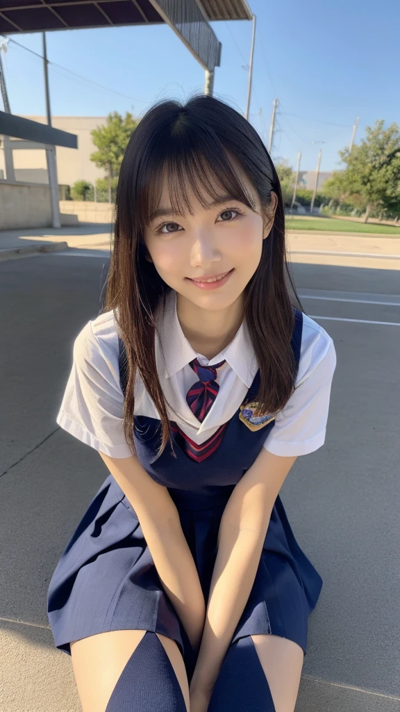 (Highest quality: 1.5), (Realistic: 1.5), (1 person: 1.5), Very detailed, High resolution, 8K,Natural color lips, Cute Smile, Japanese women, 20-year-old girl, Beautiful and elegant features, Perfect and beautiful face, Balanced big eyes, Beautiful and elegant features, Natural double eyelids, Natural Bangs, Beautiful thin nose, Beautiful Skin, Medium Bob Hair , Natural Bangs , Perfect and beautiful face, Slim face and figure, Blue summer sky,  socks, (Looking at the camera with a sweet smile), Bright lighting, Professional Lighting, Forward lighting, Beautiful feet: 1.2, Smooth Skin, Slender body, Slim waistline, slim thin thighs,  Cleavage, Detailed clothing, (High school girl uniform:1.5 Short sleeve dress shirt, sit on the roof of the school,