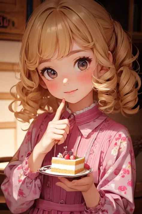Highest quality, girl，10 year old cute girl , blonde, Curly Hair, evil girl，Floral Dress，Eat cake，
