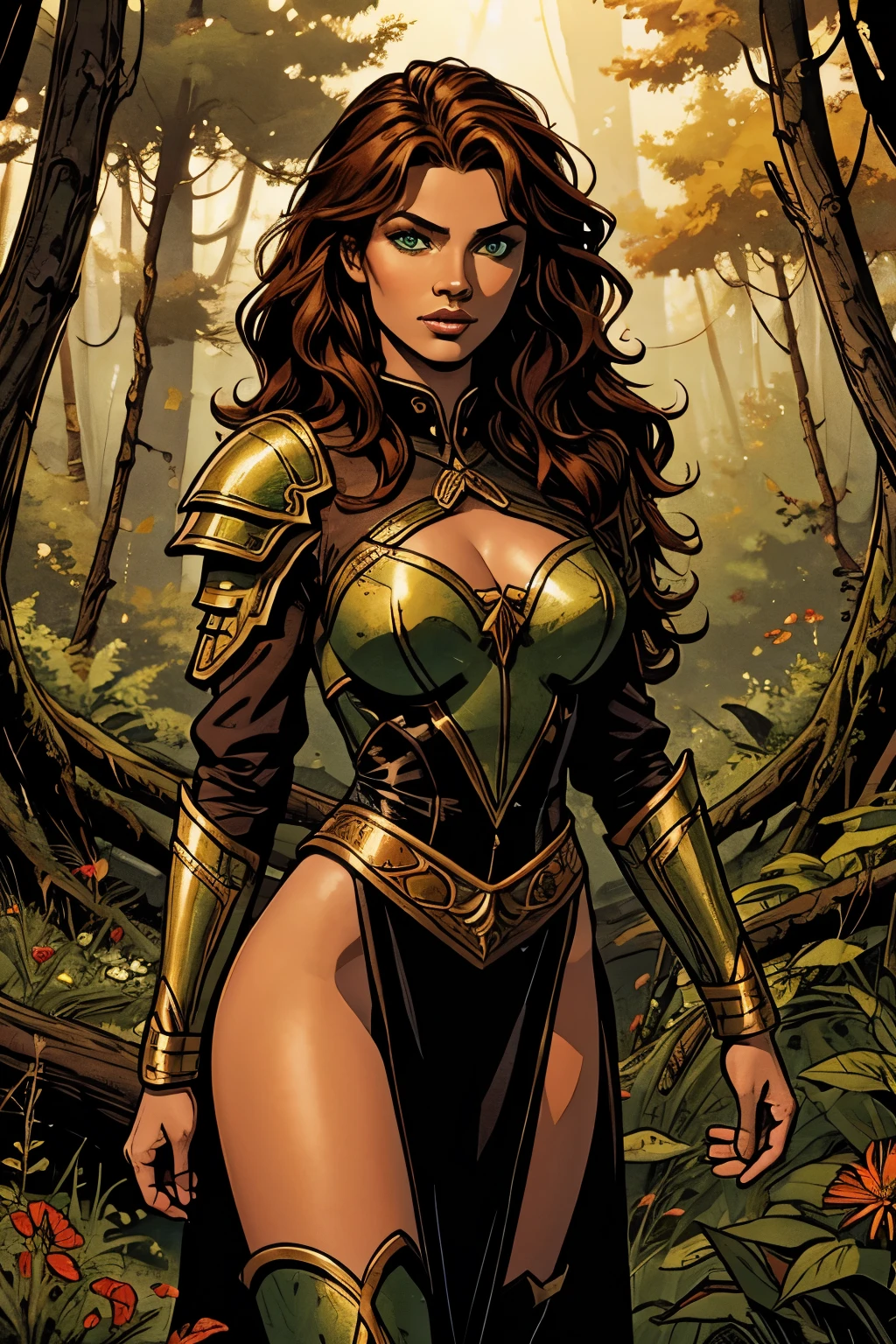 darkskin, detailed beautiful young woman, reddish golden brown hair, far away, wavy and messy hair, perfect detailed green eyes, 精致的面容, Symmetrical, realistic and beautiful, (magical forest background),  armored leather ranger outfit, faerie, wildflowers blending into the hair, whole body, work of art, absurderes,finely detail, rich colors, dramatic lighting, extremely detaild, cinematic lighting