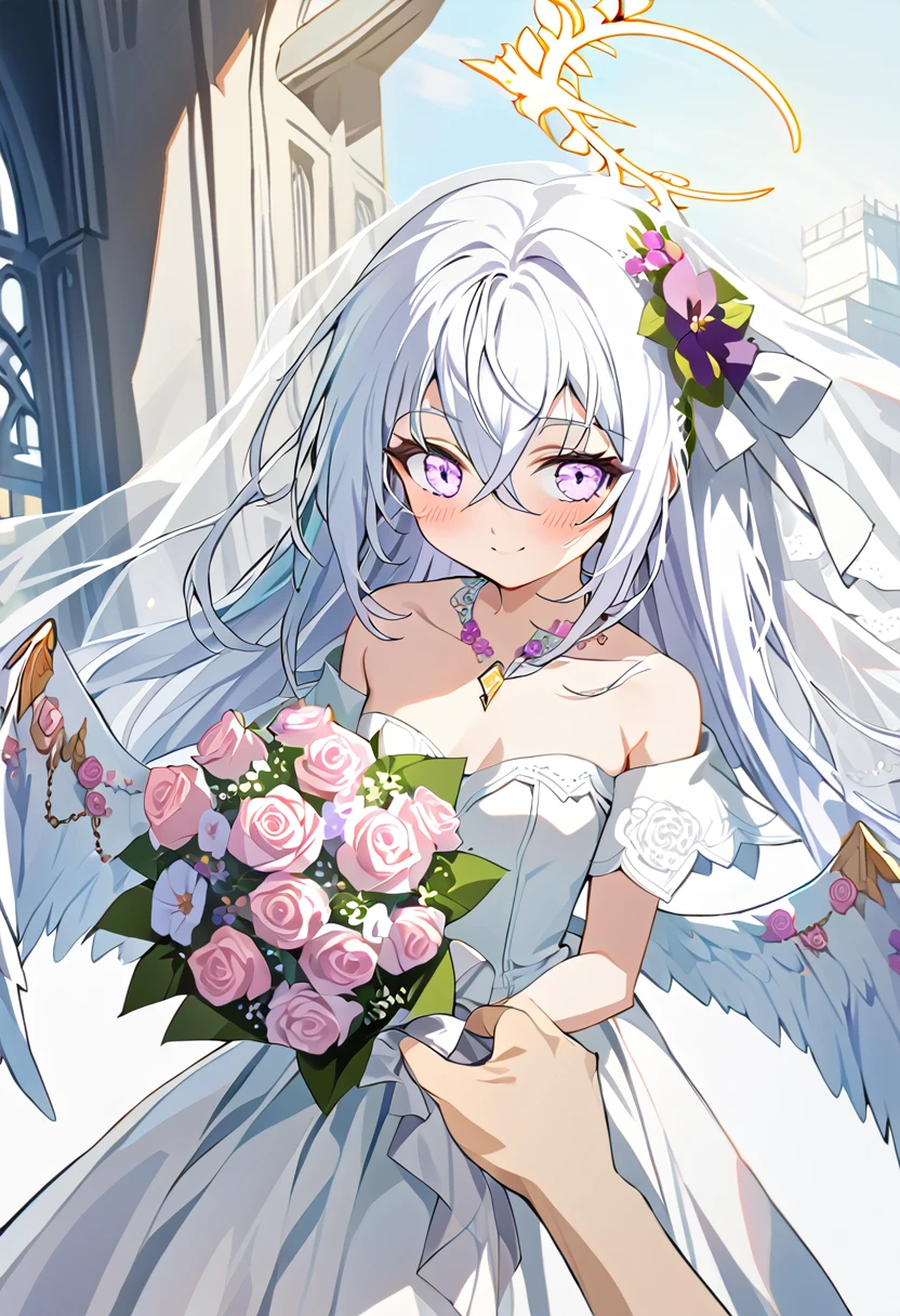 azusa \(blue archive\),1girl 1other alternate_costume angel_wings bare_shoulders blush bouquet breasts bridal_veil bride cleavage closed_mouth collarbone dress feathered_wings flower hair_between_eyes halo holding holding_bouquet jewelry long_hair looking_at_viewer medium_breasts necklace out_of_frame pink_flower pink_rose pov pov_hands purple_eyes rose solo_focus strapless strapless_dress veil very_long_hair wedding_dress white_dress white_flower white_hair white_rose white_wings wings small_breasts smile close_eyes