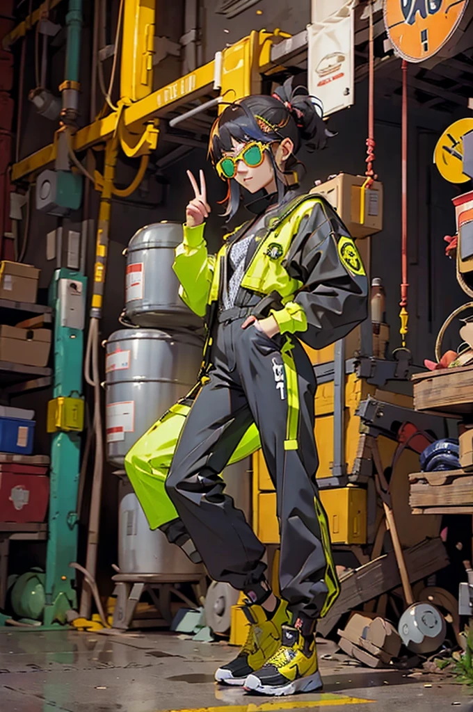 White workwear jumpsuit、Costume with glowing yellow-green linesを着た女性, cyber punk, Hard Rock Metal, Mosh Pit, (Highest quality,4K,8K,High resolution,masterpiece:1.2),Live Stage、Costume with glowing yellow-green lines、Large sunglasses,Punkish hairstyle、Full body portrait、dynamic dancing
