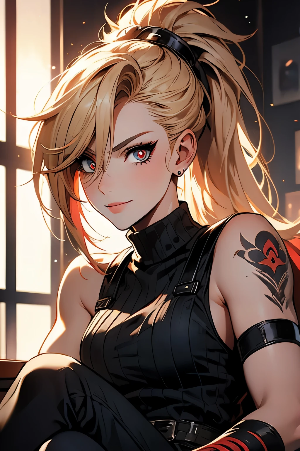 (masterpiece, best quality:1.2), red glowing eyes, red eyes, the eyes are red, perfect face, , strong make up, highres, 1 girl, solo, ultra long ponytail, (female:1.5), strife, blonde hair, shoulder armor, sleeveless turtleneck, suspenders, belt, gloves, bracer pre potent smile, crossing legs, crossing arms , evil smile, evil pose, sitting, portrait, looking at viewer, Her hair is streaked with lots red and blonde highlights, tribal tattoo on the shoulder