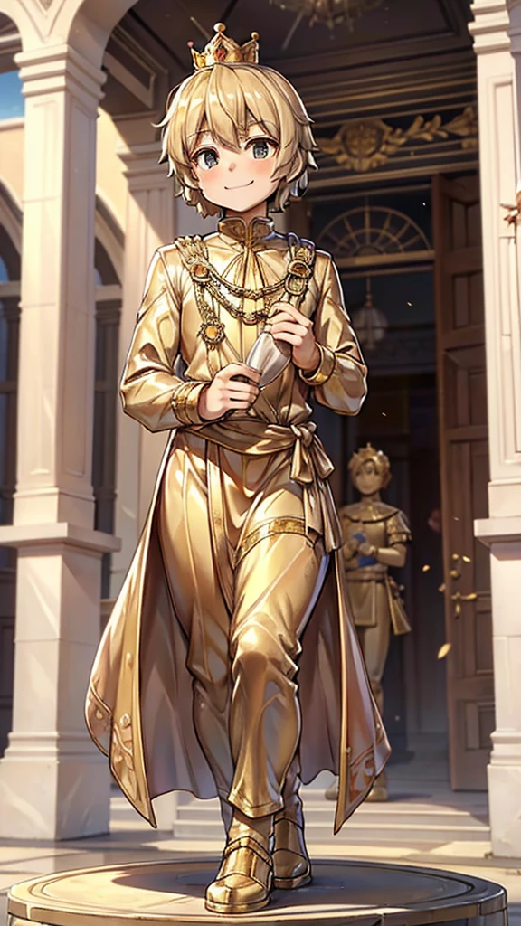 王子的Gold statue，Prince style，Prince costume，宫廷Dress，Gold statue，男孩的Gold statue，带着黄金冠冕的Gold statue，脚边停着一只燕子的Gold statue，Golden Boy Statue，Gold statue，Dress，Dress，西式宫廷男士Dress，Cute boy，British style，Victorian style，crown，crown，Golden Boy Sculpture，Golden Boy Statue，Gold statue，佩剑的Gold statue，腰带上挂着配剑的Gold statue，Giant golden statue，Giant golden statue，Outdoor Background，Smiling statue，