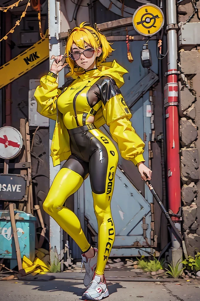 Yellow work jumpsuit、A woman wearing a costume with glowing yellow lines, cyber punk, Hard Rock Metal, Mosh Pit, (Highest quality,4K,8K,High resolution,masterpiece:1.2),Live Stage、Costume with glowing yellow lines、Large sunglasses,Punkish hairstyle、Full body portrait、dynamic dancing
