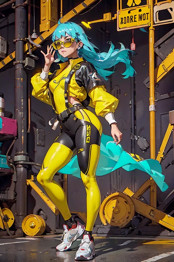 Yellow work jumpsuit、A woman wearing a costume with glowing yellow lines, cyber punk, Hard Rock Metal, Mosh Pit, (Highest quality,4K,8K,High resolution,masterpiece:1.2),Live Stage、Costume with glowing yellow lines、Large sunglasses,Punkish hairstyle、Full body portrait、dynamic dancing
