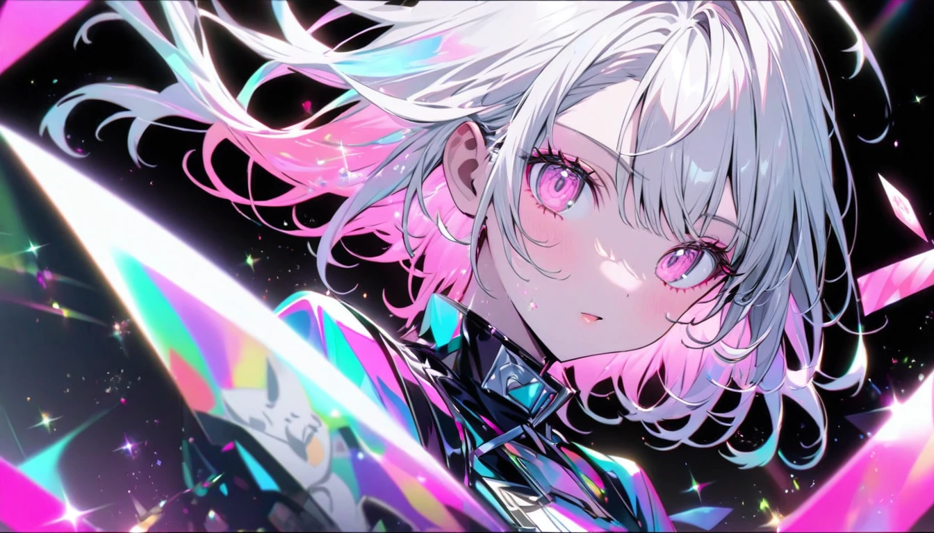 A high-quality hologram card, pretty girl,Cat ear, Beautiful silver hair,Pink inside,Beautiful pink eyes,with glitter, and a black background around the card, clear coloring, and colorful