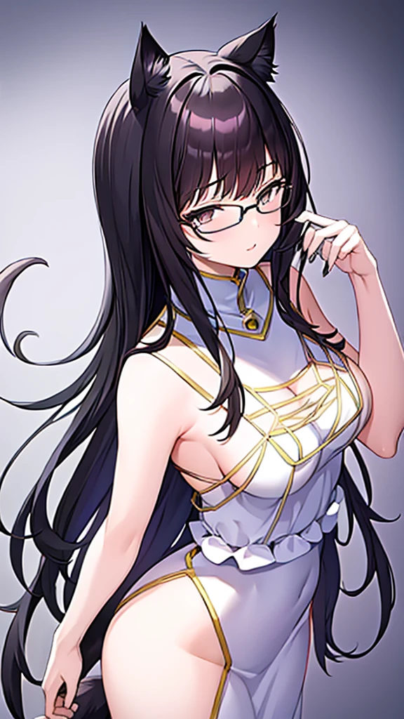 A 20-year-old cat girl with long black hair, gray eyes, cat ears and a cat tail, wears glasses, black  long dresses sexy, sleeveless, standing, looking down