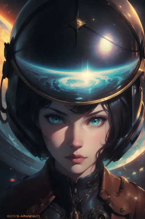 wearing a helmet、close-up of a woman wearing science fiction, boris vallejo and tom bagshaw, prophet graphic novel, space relic,...