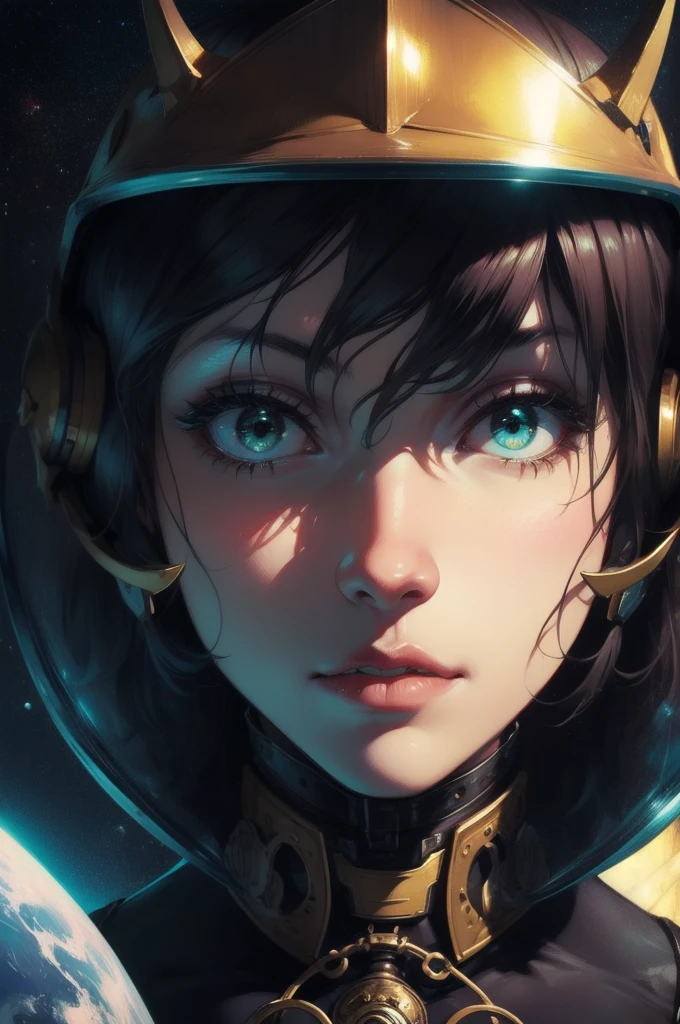 Wearing a helmet、Close-up of a woman wearing science fiction, Boris Vallejo and Tom Bagshaw, Prophet graphic novel, Space Relic, Inspired by Earl Norem, Deep Dream, Awarded at cgsociety, She looks a bit like Amy Adams, Golden Turquoise Steampunk, 2070  