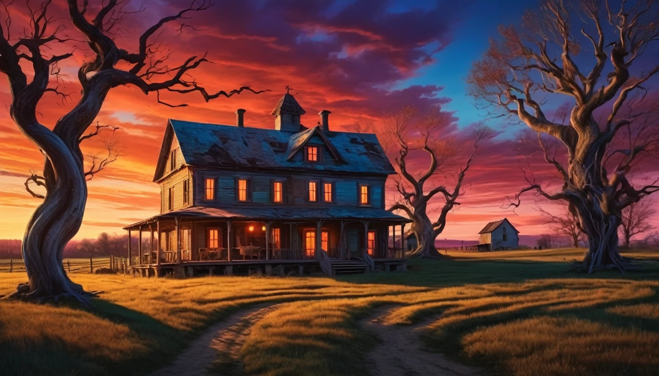 An eerie, surreal farmhouse at twilight with exaggerated shadows and twisted trees. Hyper realistic photo, vibrant colors, 16k