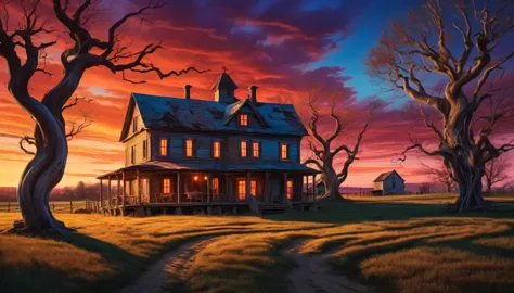 an eerie, surreal farmhouse at twilight with exaggerated shadows and twisted trees. hyper realistic photo, vibrant colors, 16k