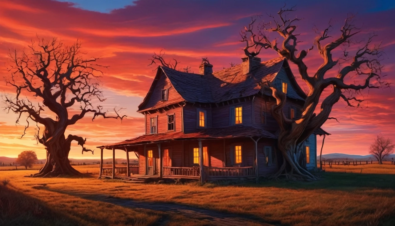 An eerie, surreal farmhouse at twilight with exaggerated shadows and twisted trees. Hyper realistic photo, vibrant colors, 16k