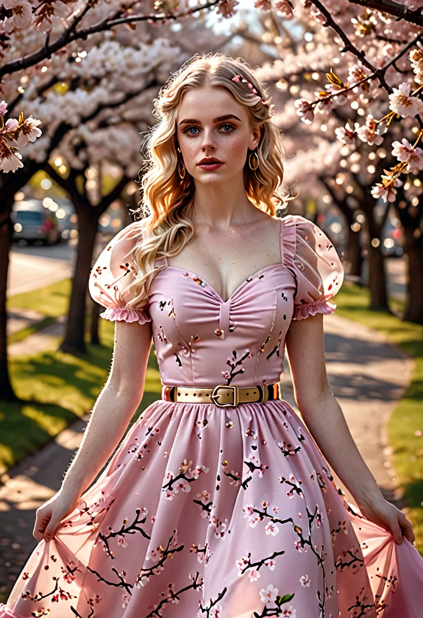 A beautiful sensual, curvy blonde kid wearing a sweet Pink Party Contrast Mesh, Ruffle Hem, All Over cherry blossoms Print, A Line, Short puff Sleeves, Sweetheart neckline, thin gold belt with tiny heart buckle, High Waist,Flounce hem Long gown, very long curling hair, cute, sweet, town picnic, warm party atmosphere, pretty, pretty lighting, 8k, octane render, detailed, detailed background, 35mm, realistic, photorealistic, perfect face, cherry blossoms barrettes in hair, freckles, American 