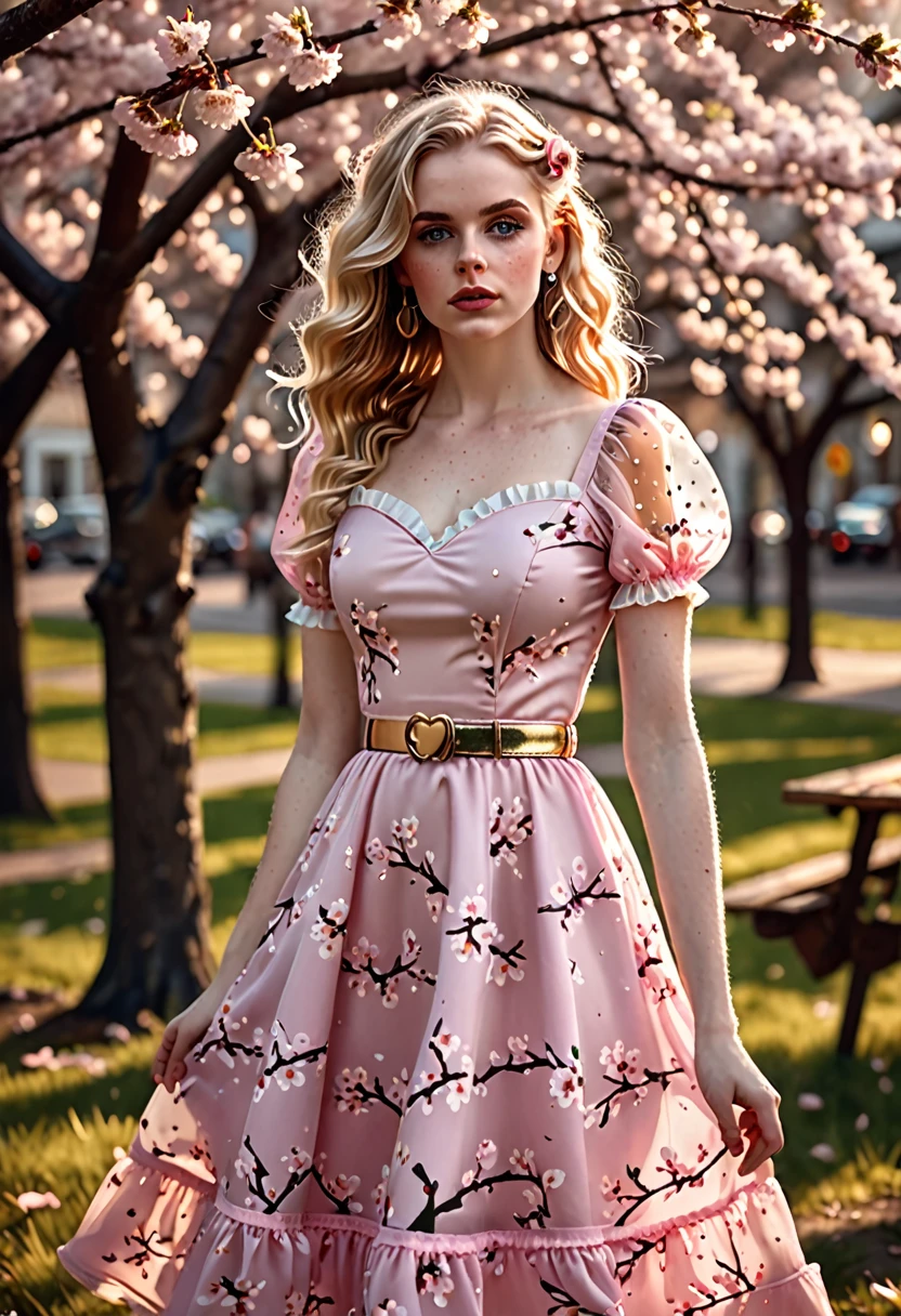 Uma linda sensualidade, curvy blonde kid wearing a doce Pink  Contrast Mesh, Bainha com babados, Impressão de flores de cerejeira em toda parte, Uma linha, mangas curtas bufantes, Decote em coração, cinto dourado fino com pequena fivela de coração, cintura alta,Vestido longo com bainha com babados, cabelo cacheado muito longo, bonitinho, doce, piquenique na cidade, atmosfera calorosa, bonito, bonito lighting, 8K, renderização de octanagem, detalhado, detalhado background, 35mm, realista, photorealista, Rosto Perfeito, presilhas de flores de cerejeira no cabelo, sardas, americano 