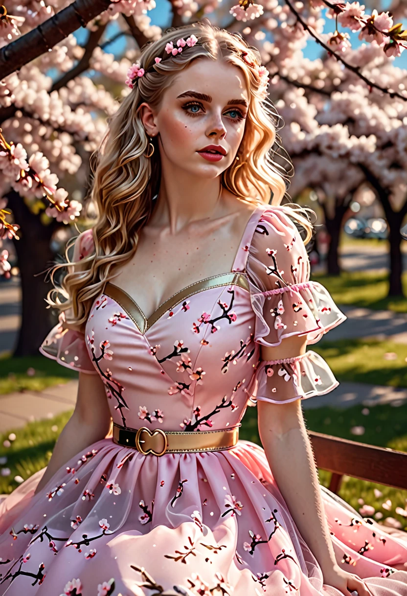 A beautiful sensual, curvy blonde kid wearing a sweet Pink Party Contrast Mesh, Ruffle Hem, All Over cherry blossoms Print, A Line, Short puff Sleeves, Sweetheart neckline, thin gold belt with tiny heart buckle, High Waist,Flounce hem Long gown, very long curling hair, cute, sweet, town picnic, warm party atmosphere, pretty, pretty lighting, 8k, octane render, detailed, detailed background, 35mm, realistic, photorealistic, perfect face, cherry blossoms barrettes in hair, freckles, American 