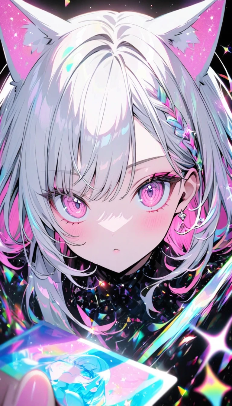 A high-quality hologram card, pretty girl,Cat ear, Beautiful silver hair,Pink inside,Beautiful pink eyes,with glitter, and a black background around the card, clear coloring, and colorful