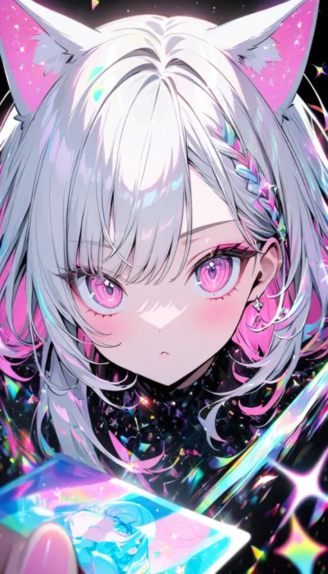 A high-quality hologram card, pretty girl,Cat ear, Beautiful silver hair,Pink inside,Beautiful pink eyes,with glitter, and a bla...