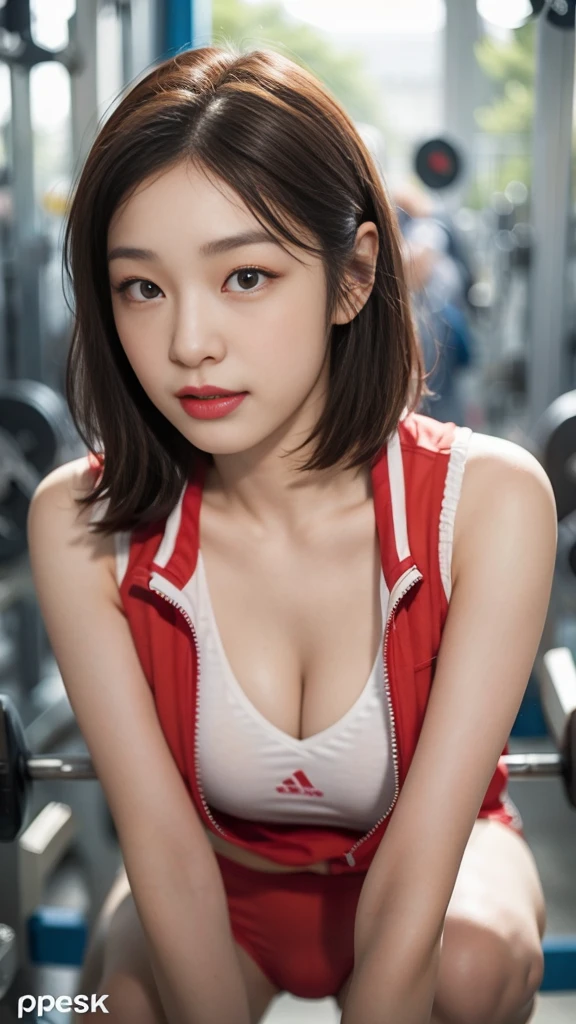 Highly detailed CG unity 8k wallpaper, of the highest quality, Super detailed, masutepiece, Realistic, photographrealistic, extremely detailed cute girl, 25yo, cleavage , (perspired) ,  Round eyes, peeping at the viewer,  Blush, Smile, parted lip, Semi-body shot , Realistic、track suit、Realistic reproduction with vests ,  Panties , Squat, sports gym, short  hair 