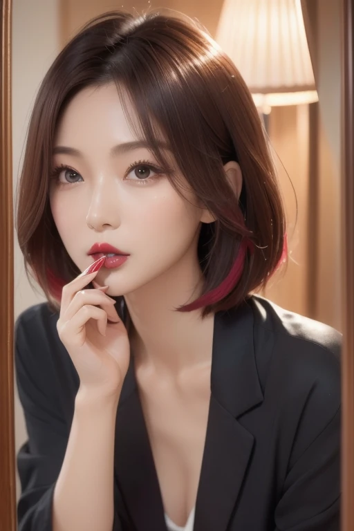 ((Highest quality)), ((masterpiece)), (detailed), Bob Hair、Slender、40 years old、Japanese、Sexy Wife、mirror painting、(Applying lipstick:1.5)、Gaze through the mirror、Face in the mirror、Make eye contact with your audience、Bend over the dresser、Put your face close to the mirror
