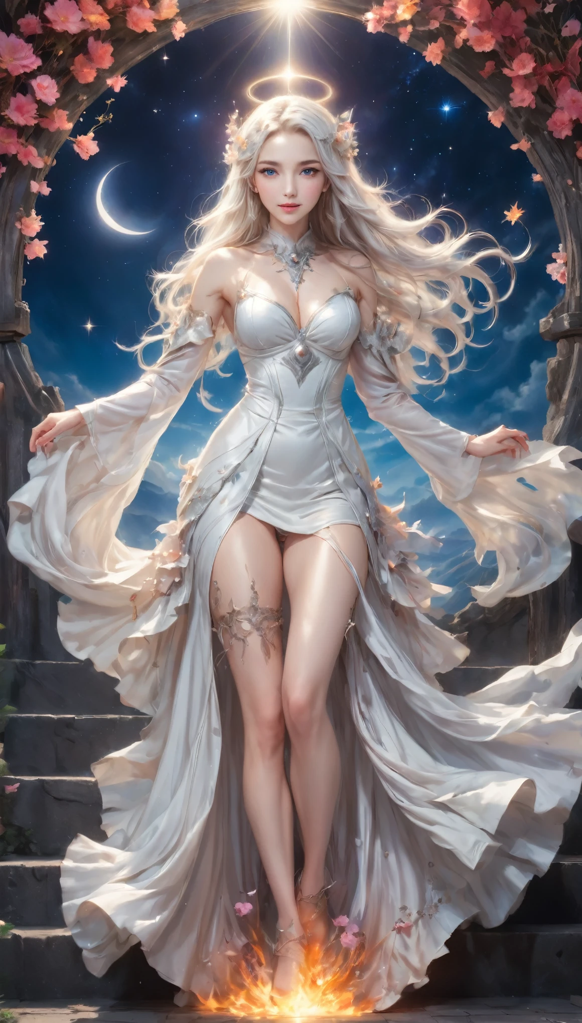 8K resolution, masterpiece, Highest quality, Award-winning works, unrealistic, From above, erotic, sole sexy lady, healthy shaped body, 22 years old, white mage, 170cm tall, huge firm bouncing busts,, white silver long wavy hair, Detailed facial depictions, BREAK, Mysterious blue eyes, Standard nose, Eyeliner, pink lips, sexy long legs, Clear skin, white mage, A gorgeous long walking stick in seven colors, Delicate depiction of clothing, Gothic , Gothic ruffle long dress, A dress with a complex structure, lace fabric dresses, Seven-colored colorful dress, Clothed in flames, Phoenix Crest, elegant, Very detailed, Delicate depiction of hair, miniature painting, Digital Painting, artstation concept art, Smooth, Sharp focus, shape, Art Jam、Greg Rutkowski、Alphonse Mucha's、William Adolphe Bouguereau、art：Stephanie Law , Royal Jewel, nature, Symmetric, Greg Rutkowski, Charlie Bowwater, Unreal, surreal, Dynamic Lighting, Fantasy art, Complex colors, Colorful magic circle, flash, dynamic sexy poses, A kind smile, Mysterious Background, Aura, A gentle gaze, BREAK, Small faint lights and flying fireflies, night, lanthanum, From above, looking down on the world below, Starry Sky, milky way, nebula, shooting star, Flowers, birds, wind and moon, (Back view, Looking back towards the camera:1.3), healing magic, A pillar of light stretching to the sky, Laser beam, Climb the stairs to heaven