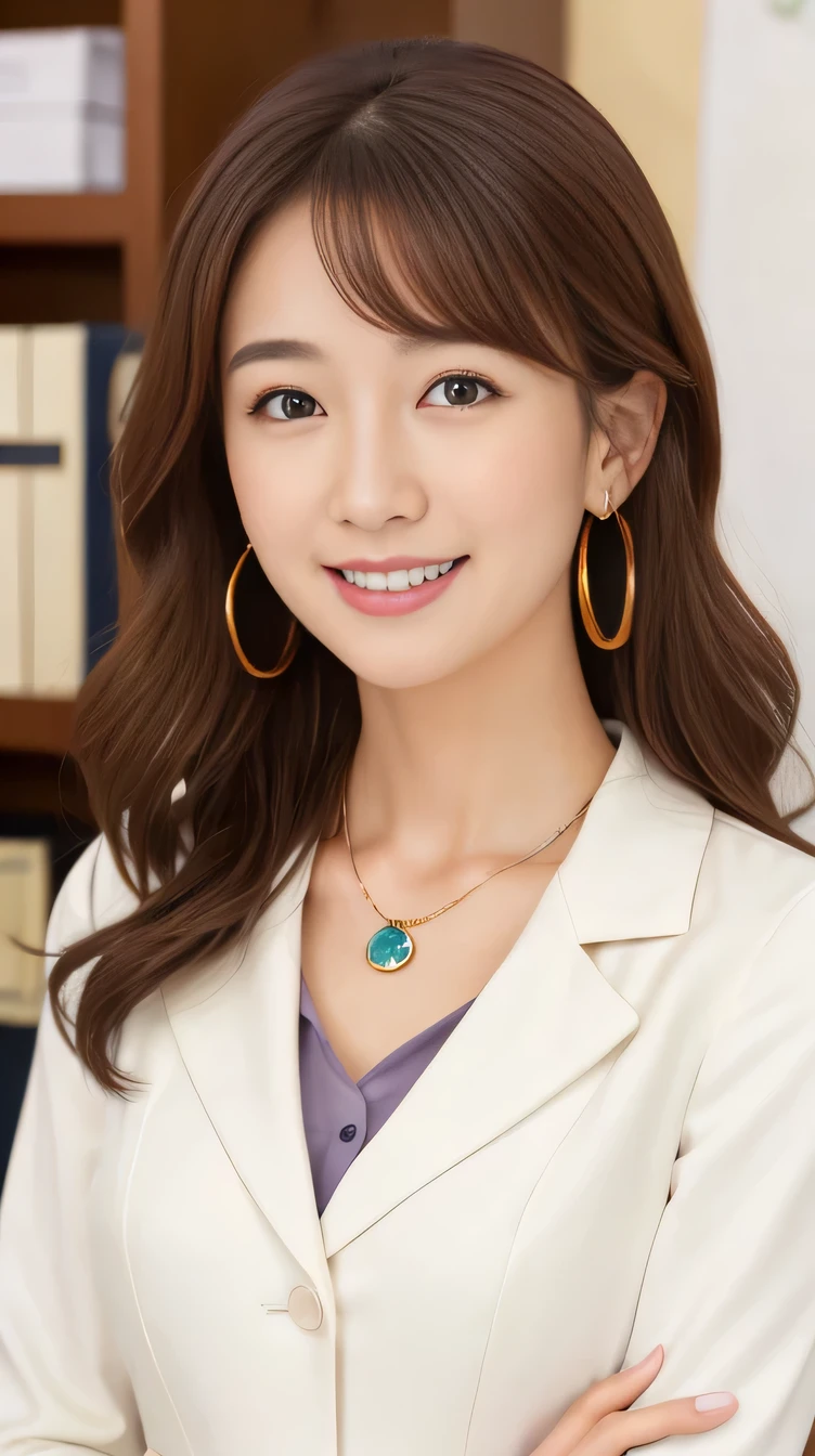 Highest quality:1.2), RAW Photos, High resolution, Very detailed, Intricate details,、Brown Hair、hairstyle semi long、ear piercing、smile、Emphasis on teeth、, (Front view, ), Clear beauty, Necklace around the neck、,, (High quality fabric, Office Lady Suits、Jacket、Unbuttoned white shirt） 、Detailed face, indoor,

