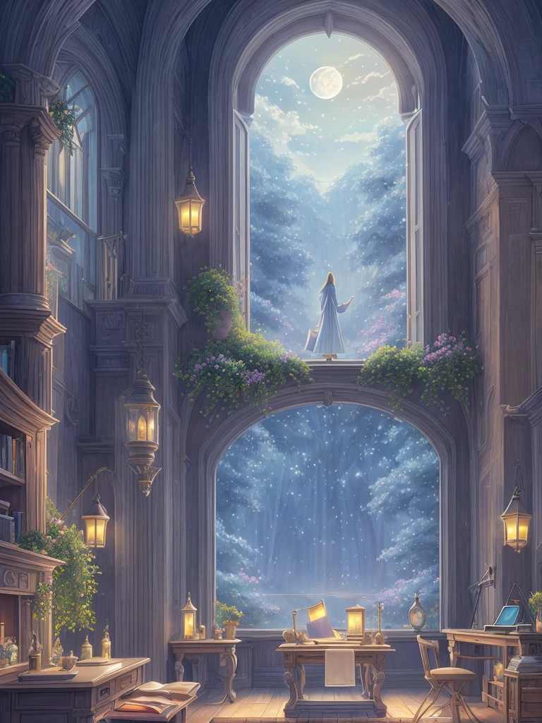 A tranquil scene unfolds in a magical lab setting: a laptop with a glowing screen rests on a desk by a large window, showcasing a serene moonlit landscape. Blue neons softly illuminate white flowers next to a tablet and PC monitor. A vocal microphone and headphones hint at creativity buzzing in the air. This anime-inspired digital painting, winning a pixiv contest, exudes a cozy, enchanting ambiance, captivating viewers with its blend of mystical realism and fairy tale allure.