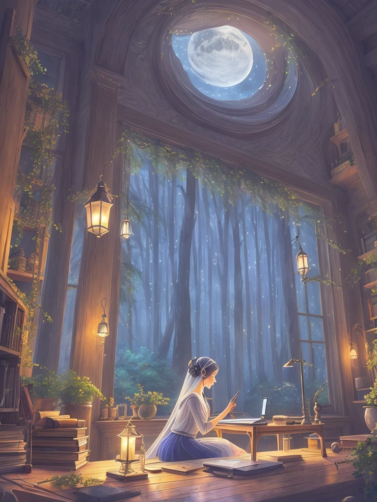 A tranquil scene unfolds in a magical lab setting: a laptop with a glowing screen rests on a desk by a large window, showcasing a serene moonlit landscape. Blue neons softly illuminate white flowers next to a tablet and PC monitor. A vocal microphone and headphones hint at creativity buzzing in the air. This anime-inspired digital painting, winning a pixiv contest, exudes a cozy, enchanting ambiance, captivating viewers with its blend of mystical realism and fairy tale allure.