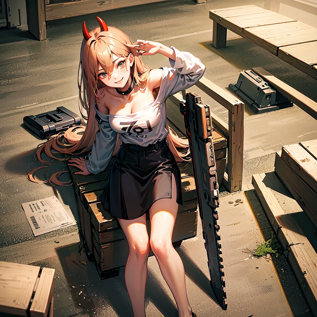 masterpiece, highly detailed, Best quality, ultra high res, 1girl,  (76-1Shirt:1.2),  horns, long hair, looking at viewer, medium breasts,  outdoor, power (chainsaw man), Strapless, smile, bent over, 76 shirt, day