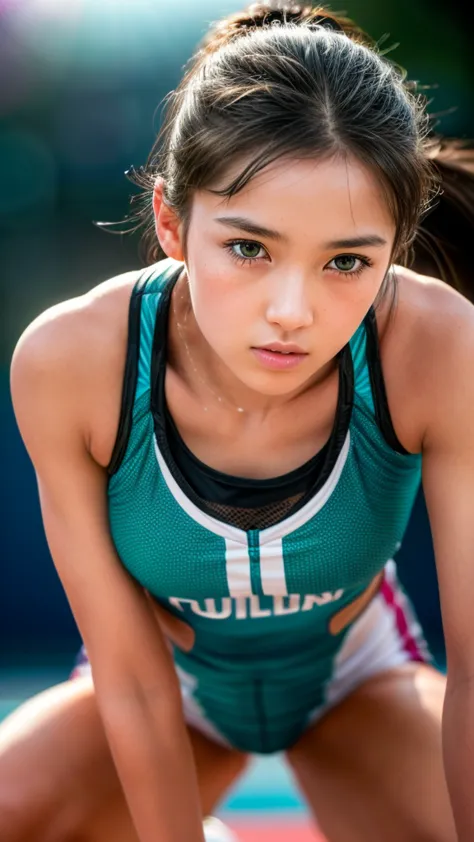 A beautiful female middle school track athlete, crouching start, starting dash, 1girl, beautiful detailed eyes, beautiful detail...