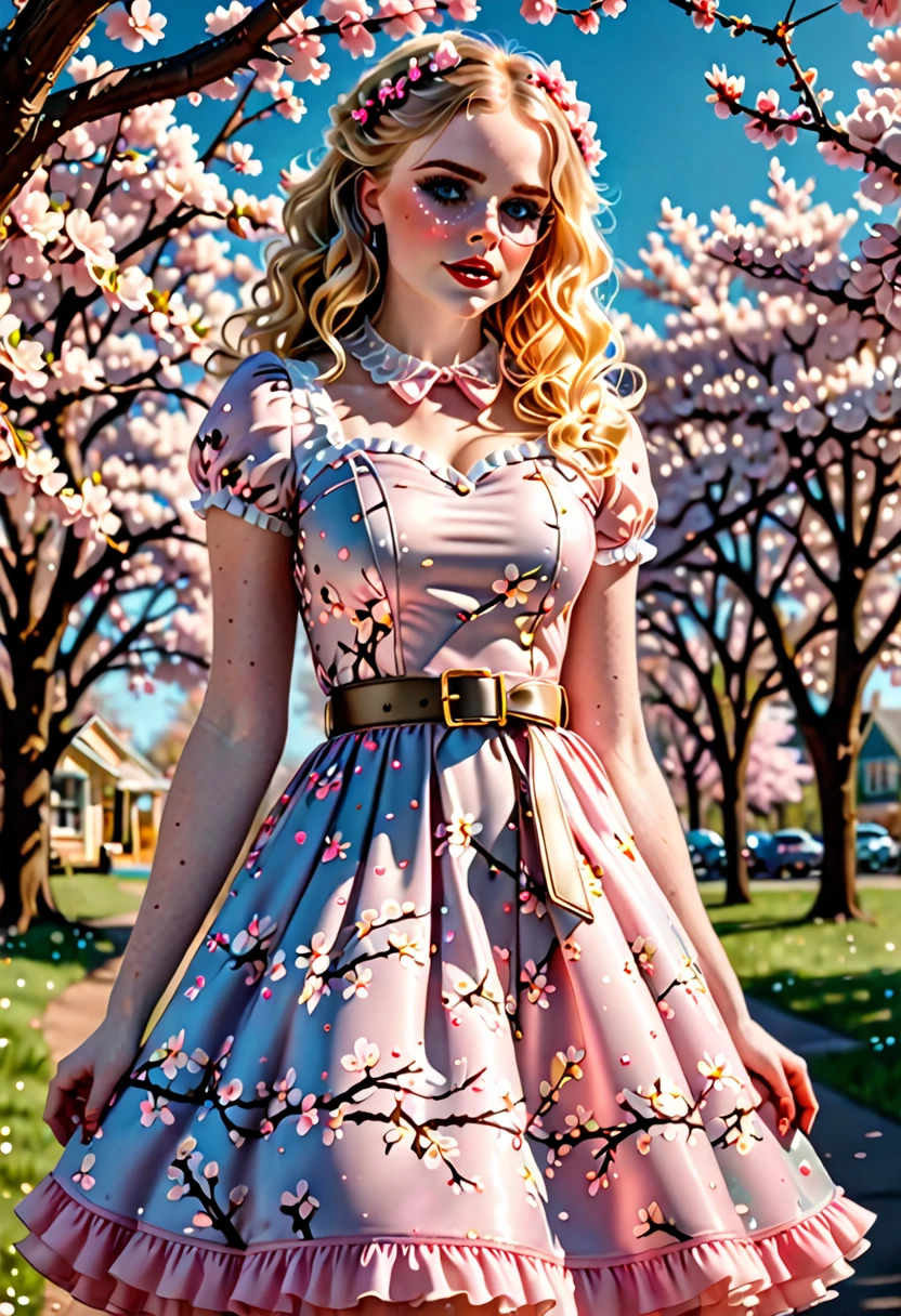 A beautiful sensual, curvy blonde kid wearing a sweet Pink Party Contrast Mesh, Ruffle Hem, All Over cherry blossoms Print, A Line, Short puff Sleeves, Sweetheart neckline, thin gold belt with tiny heart buckle, High Waist,Flounce hem Long gown, very long curling hair, cute, sweet, town picnic, warm party atmosphere, pretty, pretty lighting, 8k, octane render, detailed, detailed background, 35mm, realistic, photorealistic, perfect face, cherry blossoms barrettes in hair, freckles, American 