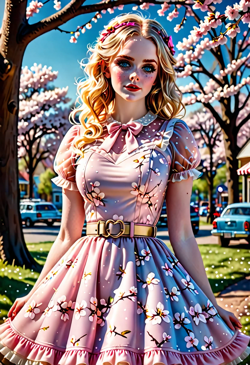 una hermosa sensual, curvy blonde kid wearing a dulce Pink  Contrast Mesh, Dobladillo con volantes., Estampado integral de flores de cerezo, Una línea, mangas cortas, Escote corazón, cinturón fino dorado con pequeña hebilla en forma de corazón, cintura alta,Vestido largo con volante en el bajo, pelo muy largo y rizado, lindo, dulce, picnic de la ciudad, ambiente cálido, bonito, bonito lighting, 8K, renderizado de octanaje, detallado, detallado background, 35mm, Realista, photoRealista, cara perfecta, pasadores de flores de cerezo en el cabello, pecas, Americano 