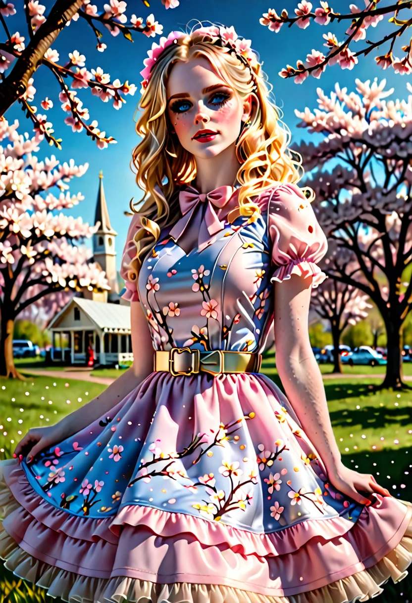 Uma linda sensualidade, curvy blonde kid wearing a doce Pink  Contrast Mesh, Bainha com babados, Impressão de flores de cerejeira em toda parte, Uma linha, mangas curtas bufantes, Decote em coração, cinto dourado fino com pequena fivela de coração, cintura alta,Vestido longo com bainha com babados, cabelo cacheado muito longo, bonitinho, doce, piquenique na cidade, atmosfera calorosa, bonito, bonito lighting, 8K, renderização de octanagem, detalhado, detalhado background, 35mm, realista, photorealista, Rosto Perfeito, presilhas de flores de cerejeira no cabelo, sardas, americano 