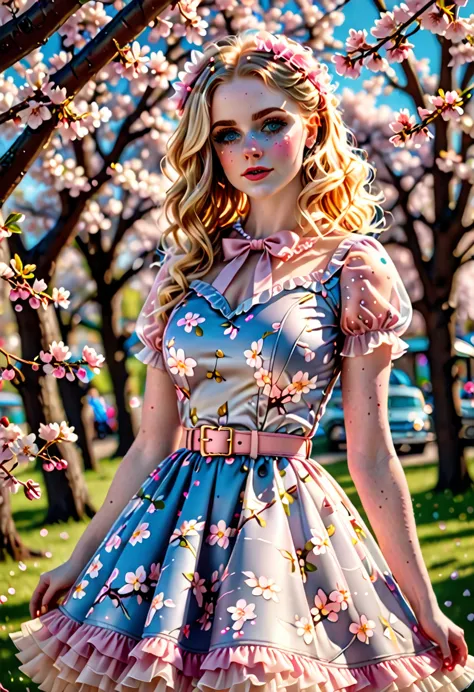 A beautiful sensual, curvy blonde kid wearing a sweet Pink Party Contrast Mesh, Ruffle Hem, All Over cherry blossoms Print, A Li...