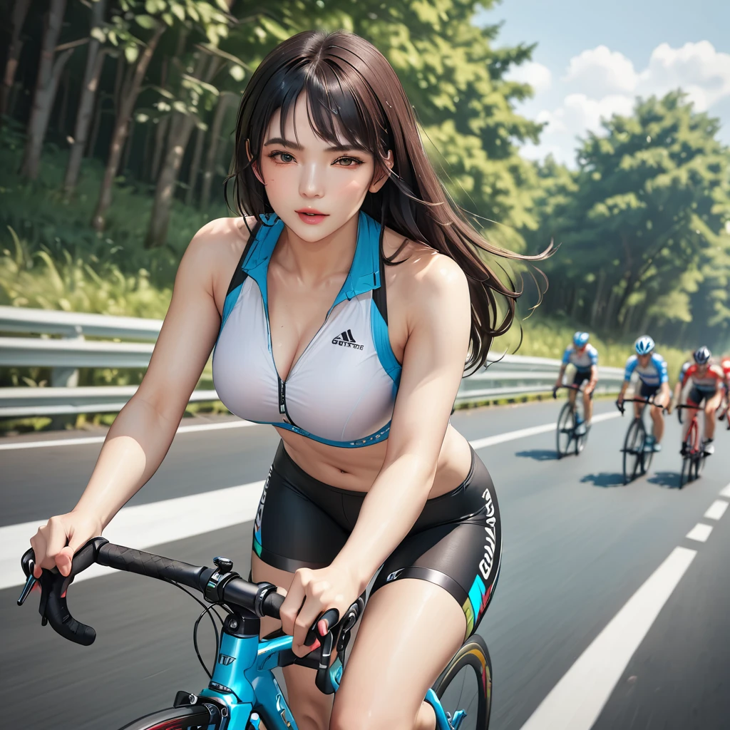 8K, RAW Photos, Realistic: 1.25), (Highest quality, Ultra-high resolution, Written boundary depth, chromatic aberration, Caustics), Moisturized lips, Super Cropped Face, Shining detail eyes, Black Hair, semi-long, stylish, Bicycle road racing, A heated race between multiple road racers, Speed, Uplifting, Panning view,