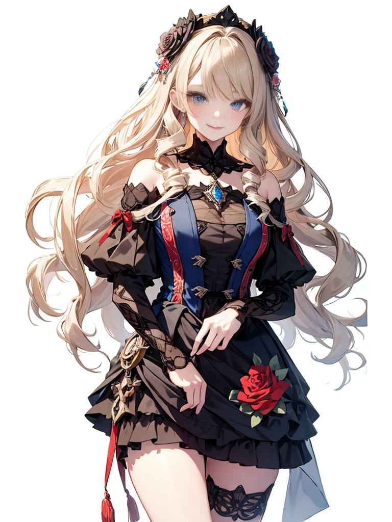 masterpiece, Highest quality, High resolution, sa1, Floral off-shoulder dress, Sparkling eyes, False eyelashes，A kind smile, Platinum blonde drill hair, Adult atmosphere, Rose,