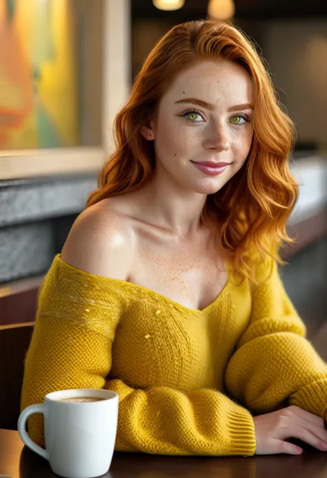 cute beautiful ginger woman with freckles with yellow sweater (drinking coffee in a modern café at sunset), muito detalhado, 19 ...