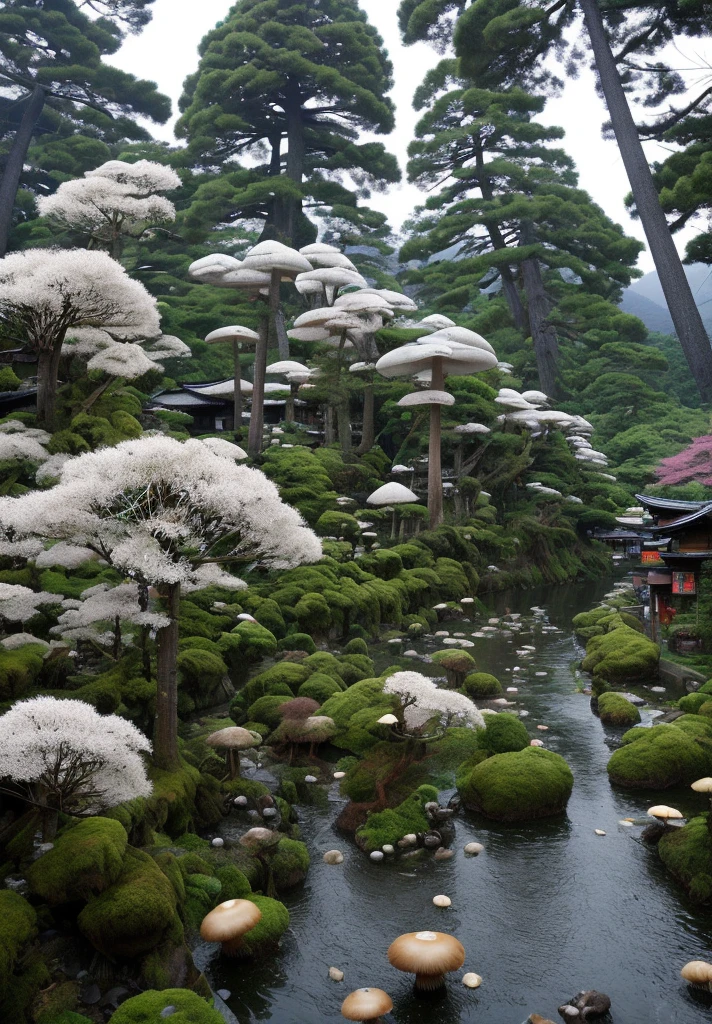 Takayama，Running Water，Growing Mushrooms，Fantasy World，Clusters of ghost flowers grow，Tall trees