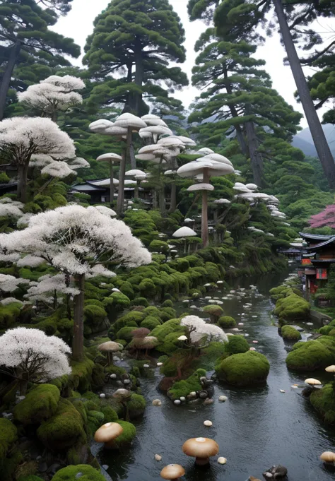 takayama，running water，growing mushrooms，fantasy world，clusters of ghost flowers grow，tall trees